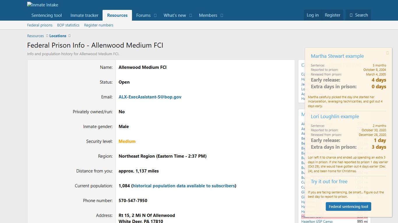 Federal Prison Info - Allenwood Medium FCI Inmate Intake